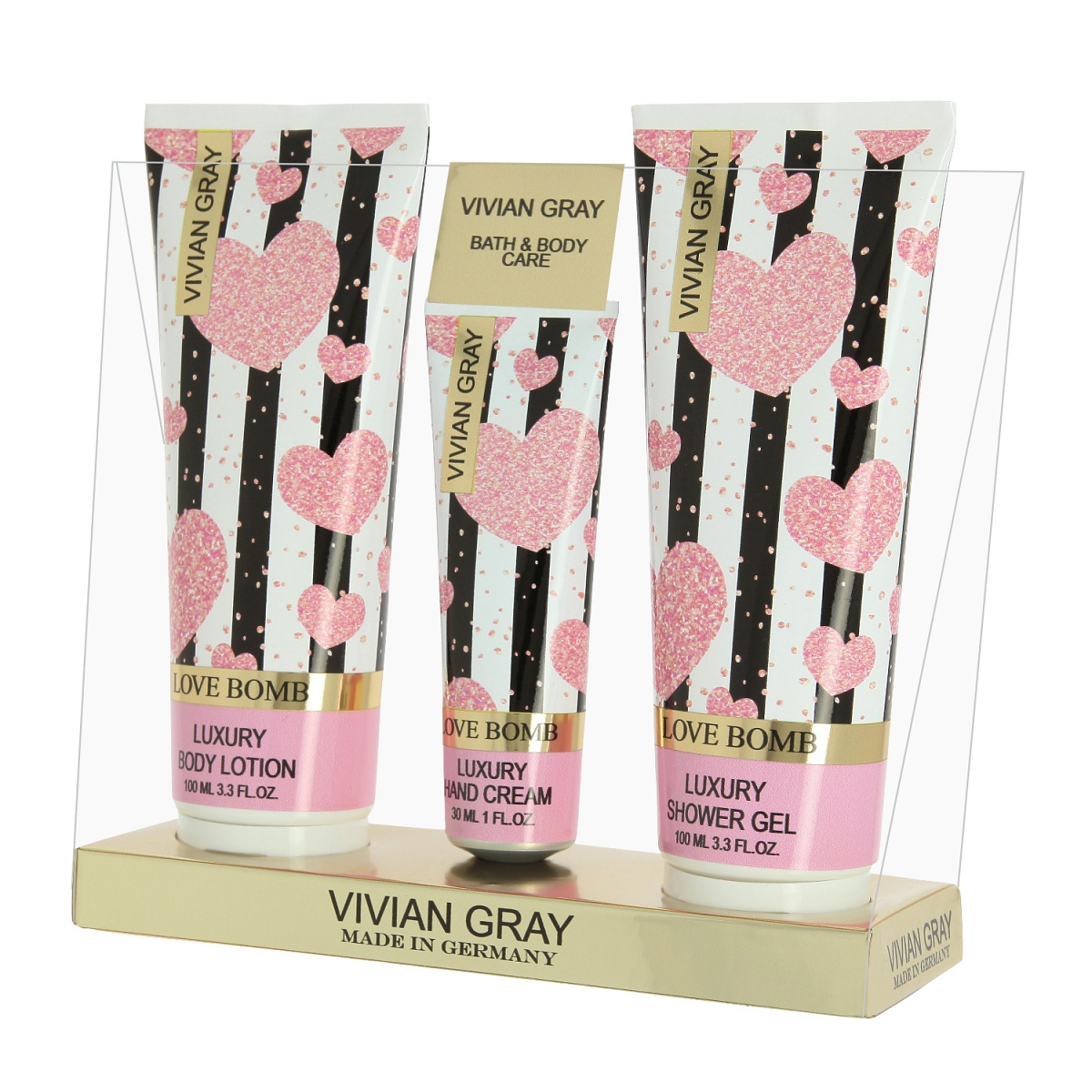 Vivian Gray Love Bomb luxusní sprchový gel 100 ml + luxusní krém na ruce 30 ml + tělové mléko 100 ml dárková sada